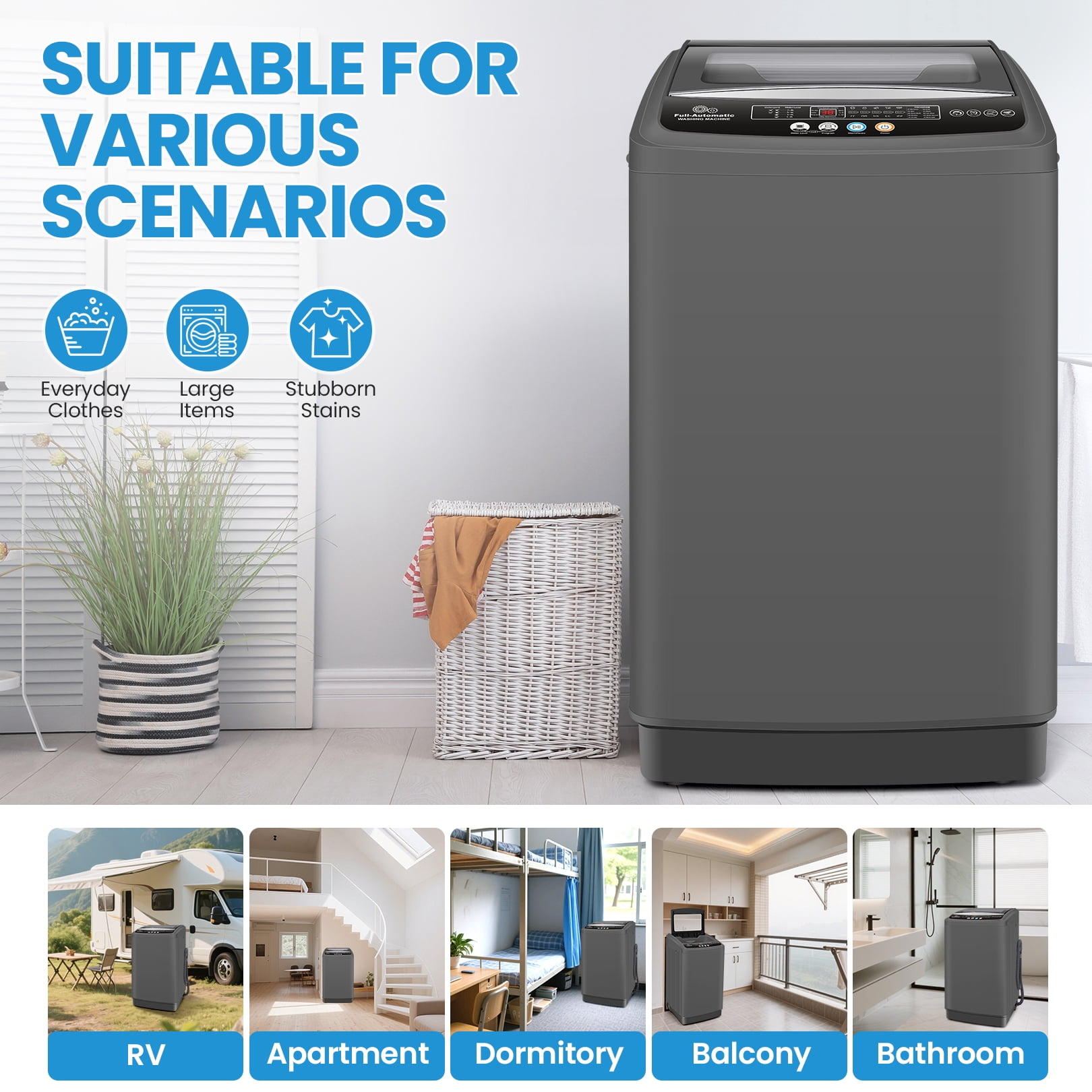 Veeboto Portable Washing Machine, 20LBS Full Automatic Washer Machine with Drain Pump, 10 Programs & 8 Water Levels for Dorm, Apartment, Home, Grey