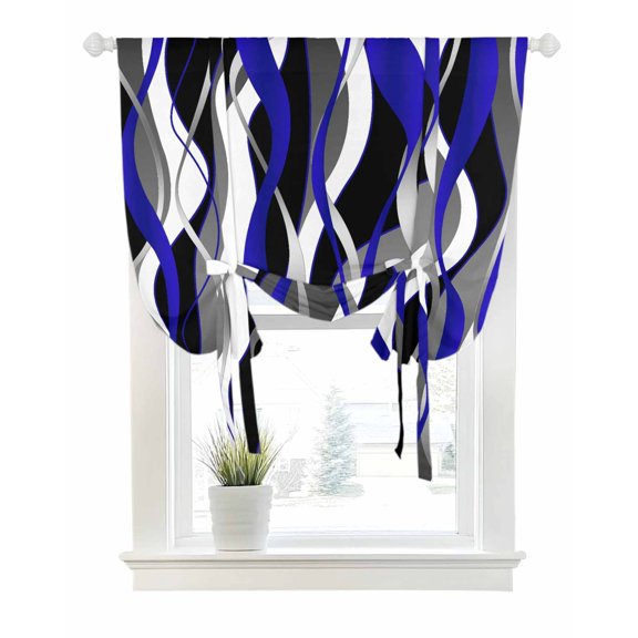 Blue Stripe Tie Up Curtains for Window, Thermal Insulated Balloon Shade Adjustable Rod Pocket Curtains Valance Panels for Kitchen Bathroom Cafe 42 x 63 Ombre Grey Moire Geometric Modern Abstract