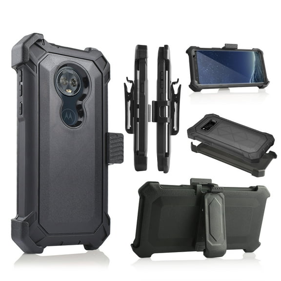 for 5.7" Motorola G6 Play Belt Clip Holster Kickstands Hybrid Shock Armor Bumper Phone Case Black