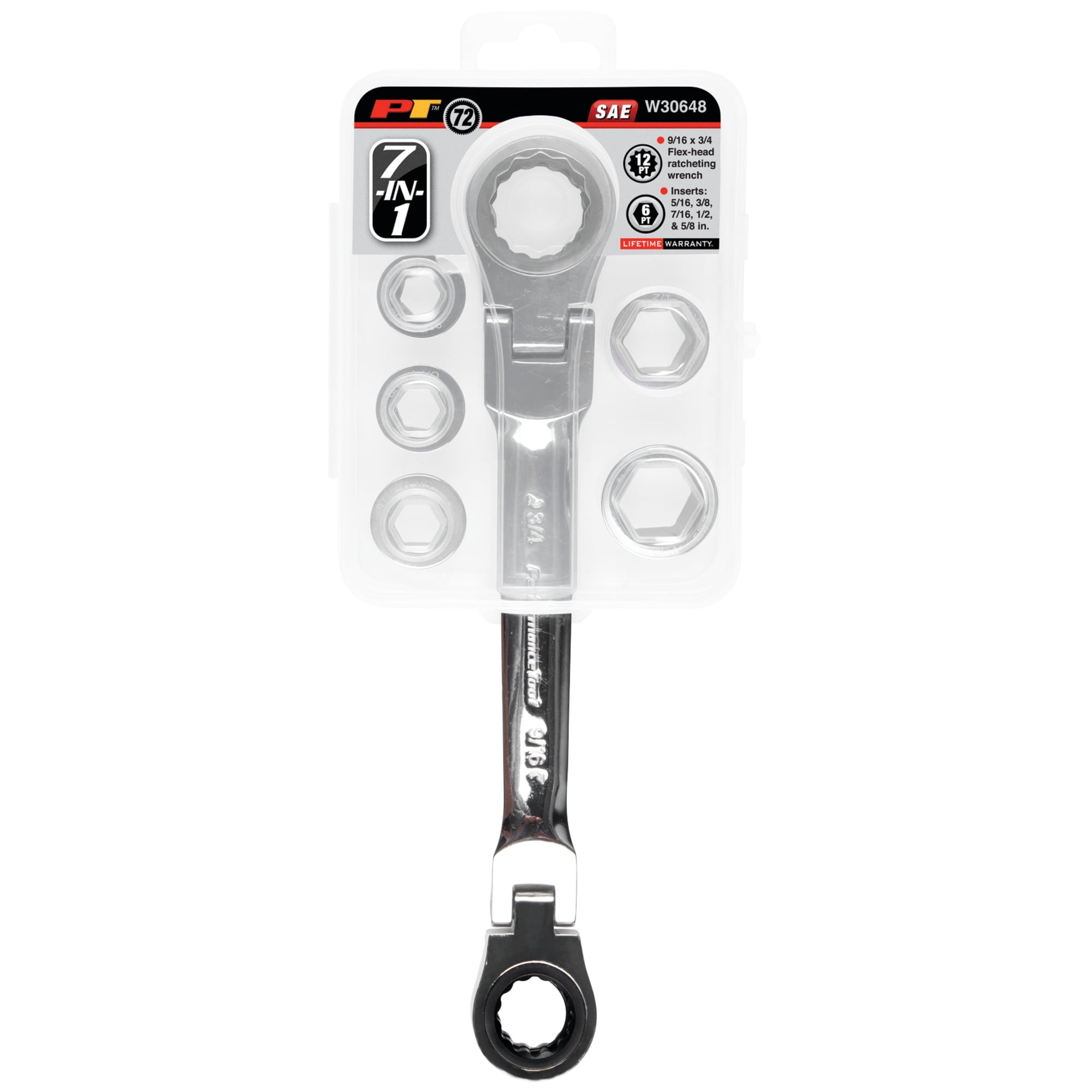 Performance Tool W30648 7-in-1 Flex-Head Ratcheting Wrench Set - 72 Teeth, Chrome Vanadium Steel, Low Profile, Reusable Case