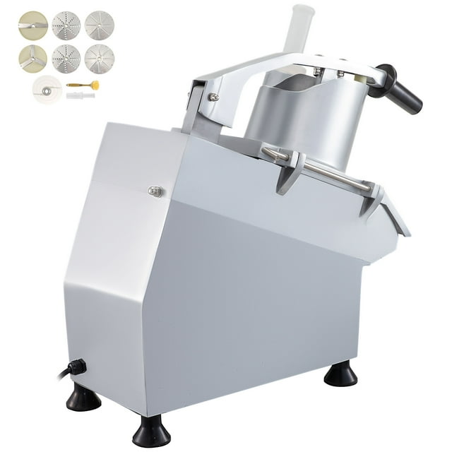 KFFKFF 110V Industrial Food Processor with Dual Feed Openings, 550W Electric Veggie Cutter at 1600 RPM, Stainless Body, 6 Removable Blades for Various Cuts - 3mm/4mm/7mm Shreds & 2mm/4mm Slices