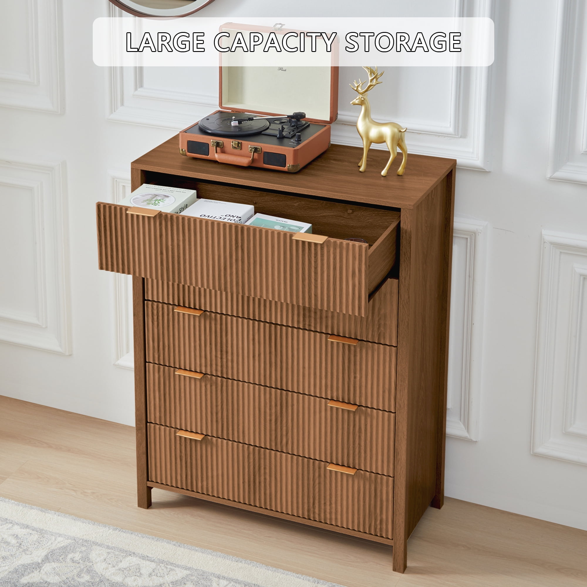 Weselon 5 Drawer Fluted Dresser for Bedroom, Modern Closet Chest of Drawers with Waveform Panel, Wood Storage Dresser Organizer, Walnut