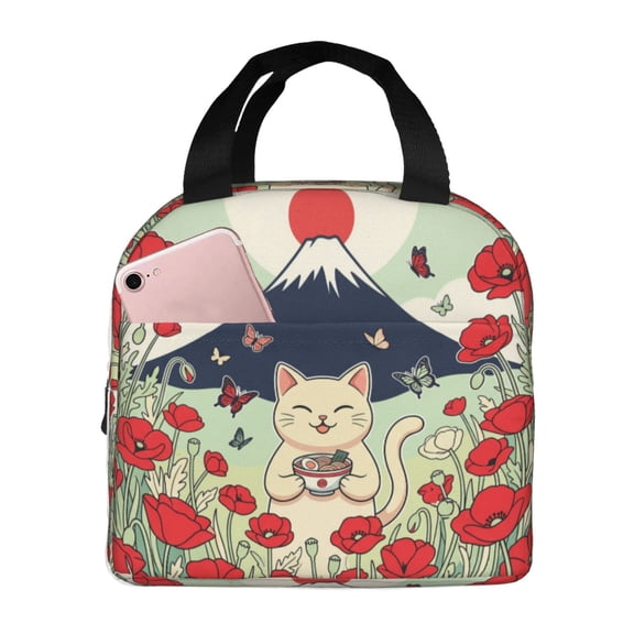 Cat Insulated Lunch Bag Reusable Lunch Box Japanese Ramen Noodle Cat Print Leakproof Thermal Meal Prep Tote With Front Pocket For Work Office Picnic Travel