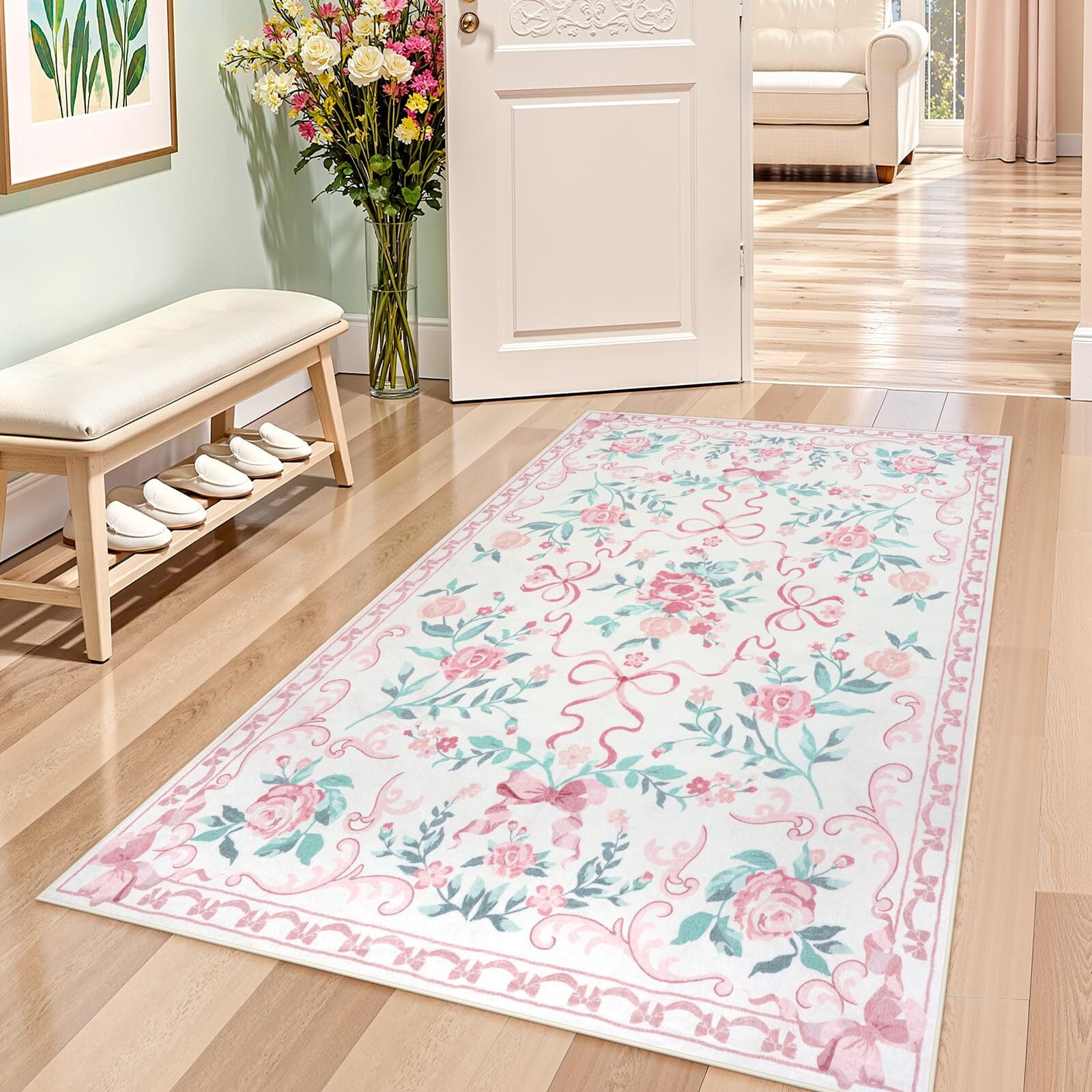 Wonnitar 3'x 5' Floral Area Rugs for Bedroom, Cute Bow Pink Rugs for Kids Room, Washable Accent Rugs Non Slip Low Pile for Nursery Room, Playroom, Vanity Room