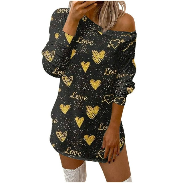 Pompotops Robe Mini Ample Confortable à Imprimé Cœur pour Femmes, Col Rond, Manches Longues, Épaules Dénudées