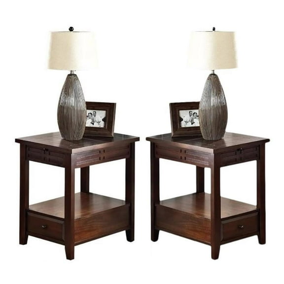 Home Square Crestline Chairside End Table in Mocha Cherry Finish - Set of 2