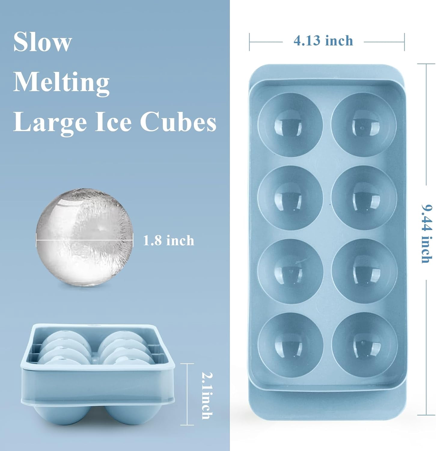 Round Ice Cube Mold,8 PCS x 1.8 in Whiskey Ice Cubes,Circle Ice Cube Tray with Lid,Large Ice Ball Maker Mold Sphere Ice Cube,Large Ice Cube Molds for Cocktails,Coffee(Round Ice Cube Mold,Blue)