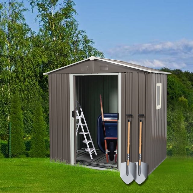 6ft x 5ft Gray Metal Storage Shed with Window & Foundation - Durable Iron Outdoor Shed for Patio, Backyard, Garden & Entryway - Secure Lock & Easy Assembly