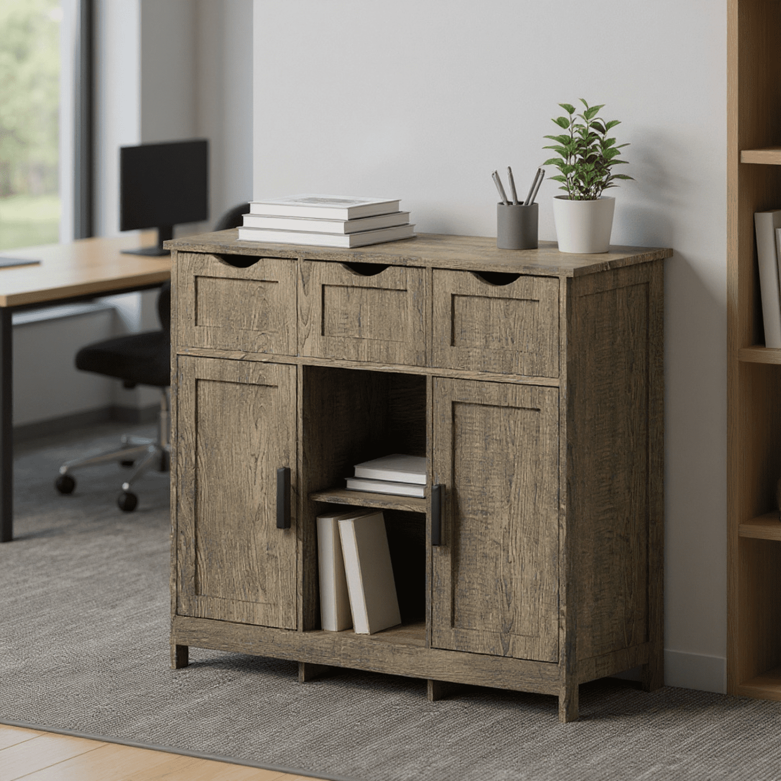 Homy Casa Storage Cabinet with 2 Doors and 3 Drawers, Adjustable Shelves, Sideboard for Kitchen, Entryway