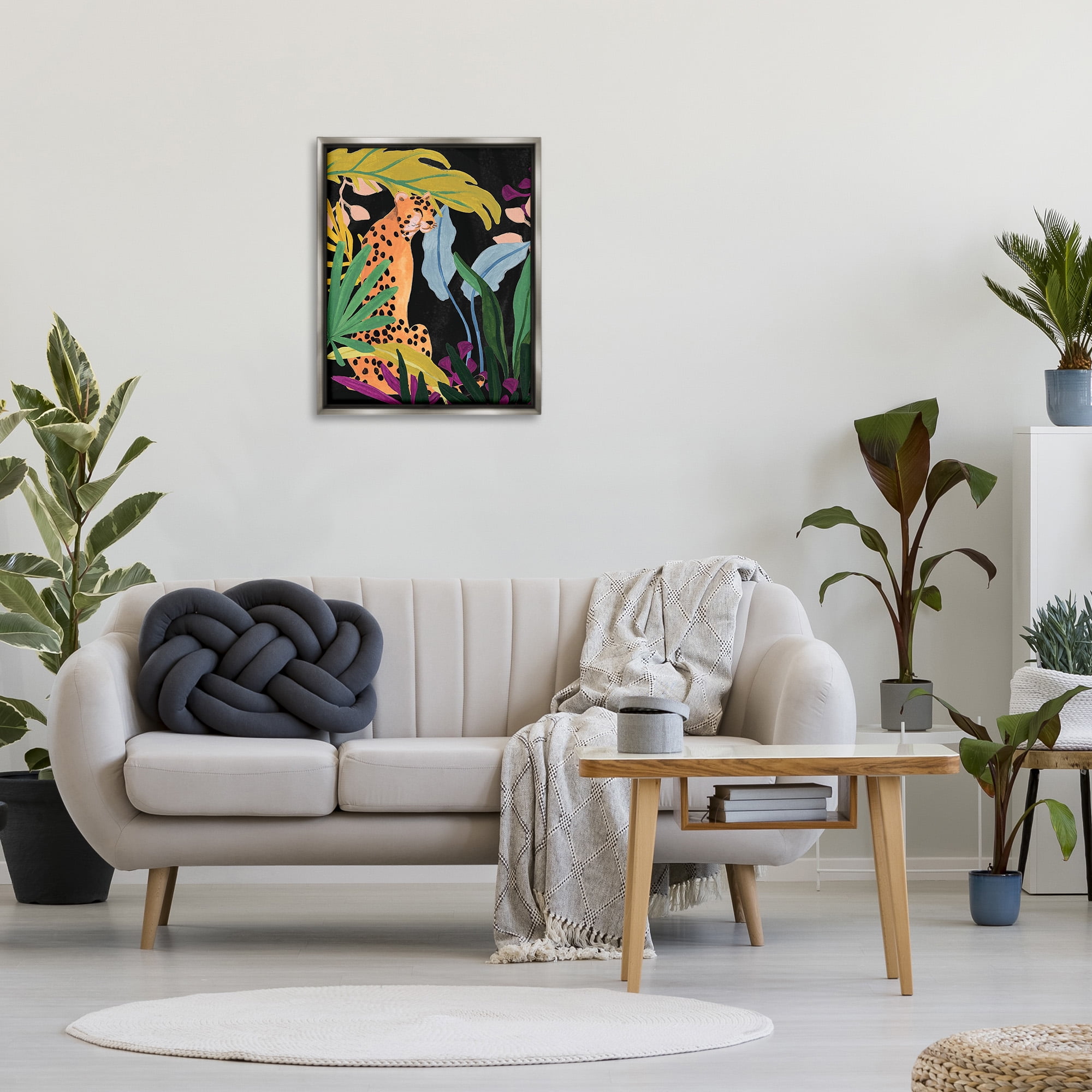 Stupell Industries Jungle Leaves & Cheetah Animals & Insects Painting Gray Floater Framed Canvas Art Print Wall Art, 25 x 31