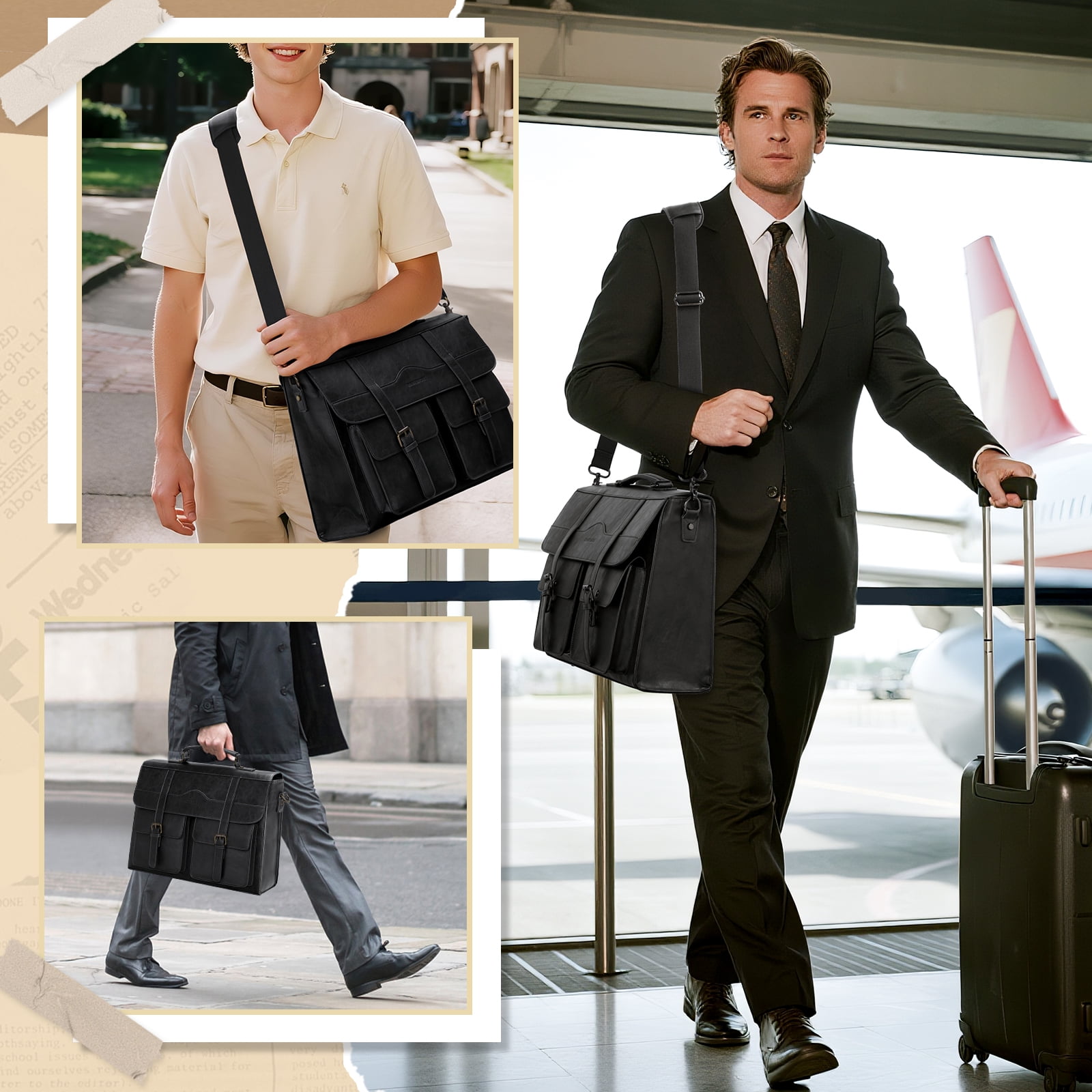 RAINSMORE Mens Messenger Bag 17 Inch Vintage Leather Laptop Briefcase Magnetic Closure Large Satchel Computer Shoulder Bag,Black
