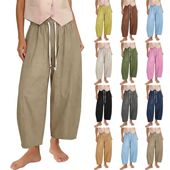Loopsun Women Full Length Pants Solid Daily Casual Outfits Elastic Drawstring Loose Wide Leg Pocket Long Pants