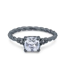 Rose Tone, Simulated Cubic Zirconia Size-8 Art Deco Cushion Three Stone Wedding Bridal Ring 925 Sterling Silver