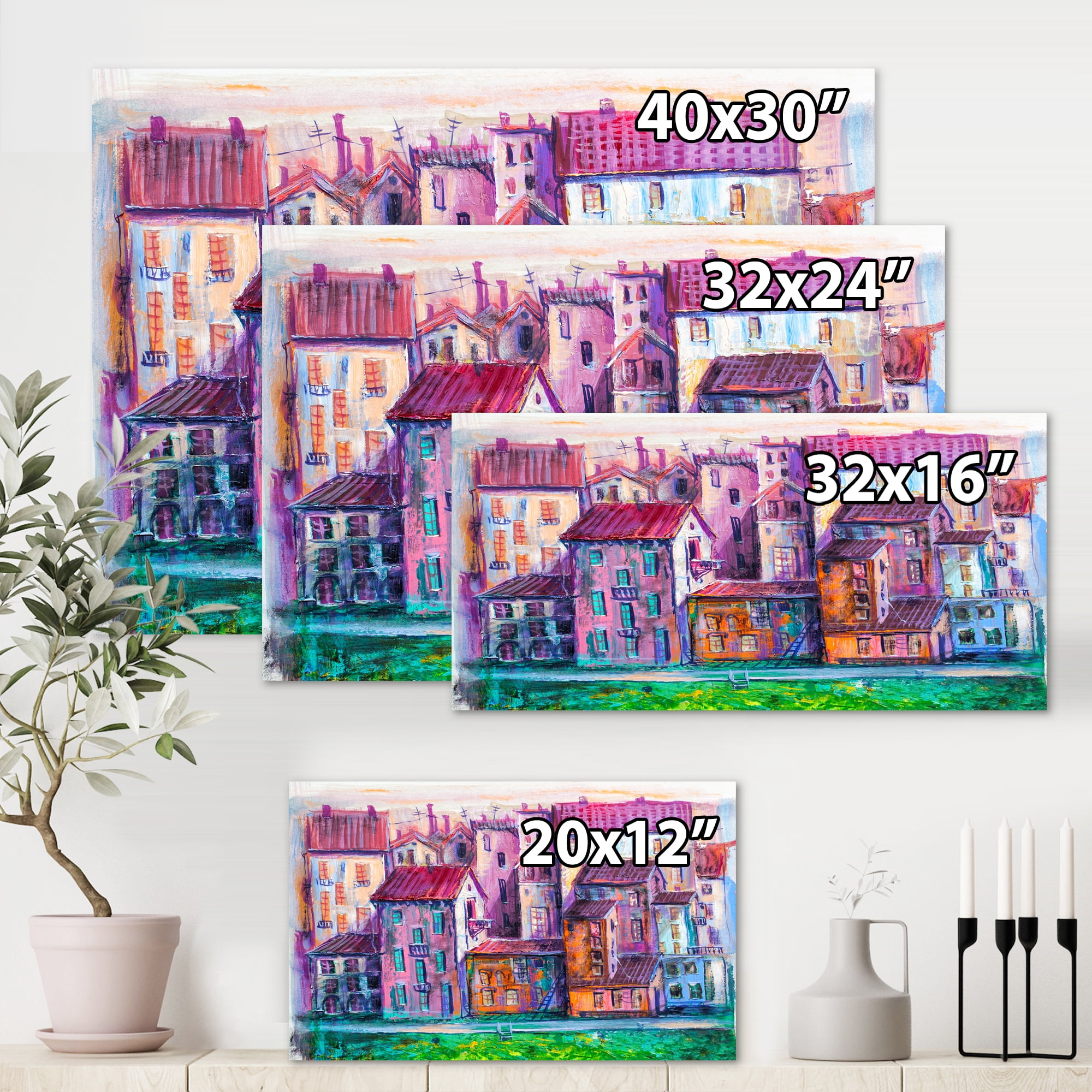 Street With Colorful Old Homes Landscape 32 in x 24 in Painting Canvas Art Print, by Designart