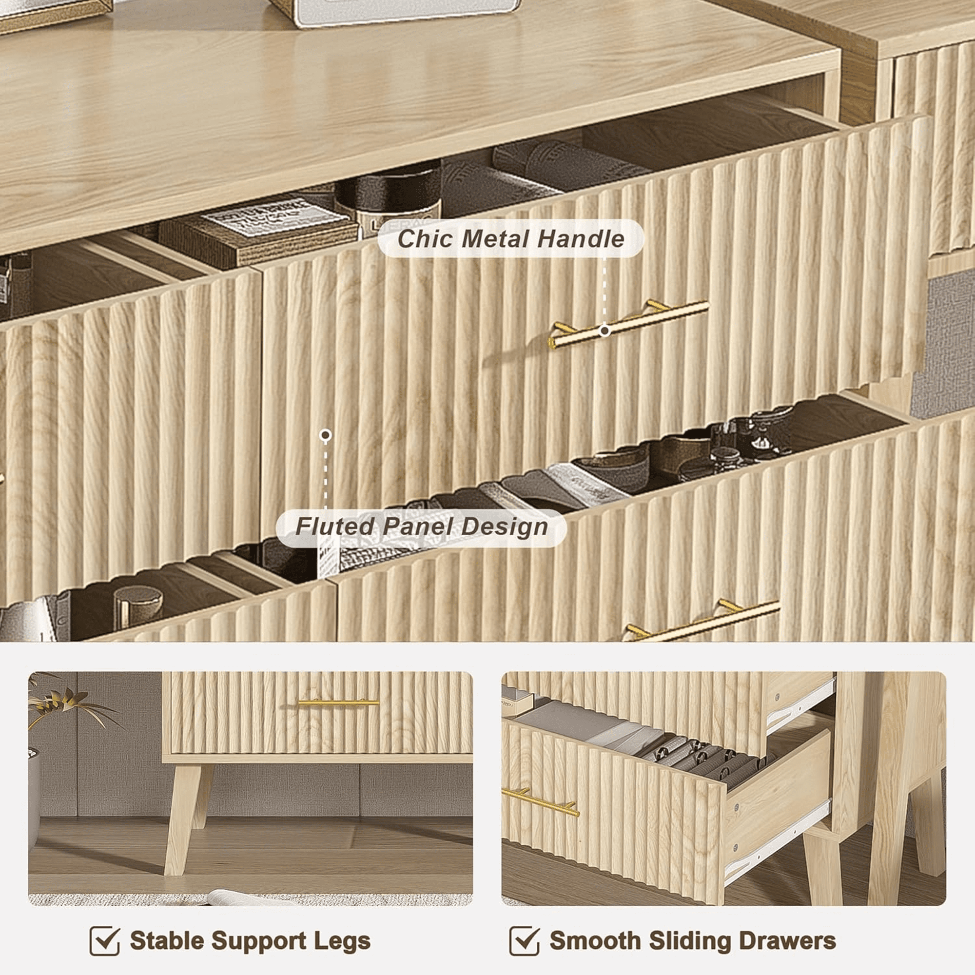 6 Drawer Dresser for Bedroom, 46.85" Wide Modern Wood Chest of Drawers with Fluted Design, Boho Dresser TV Stand for Closet, Living Room, Hallway
