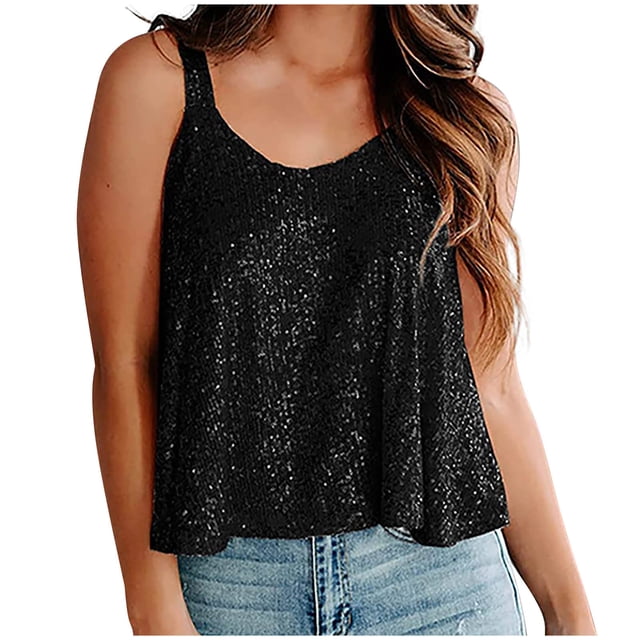 Besolor Hauts à Paillettes Mode Été pour Femmes Col Rond Sans Manches Scintillant Soirée Chemisiers Chemise