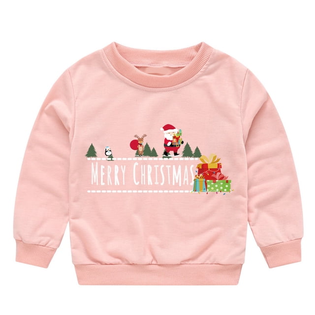 PMVFHDE Sweat-Shirt de Noël pour Filles Mode Décontractée Imprimé Lettre Col Rond Manches Longues Chandail en Molleton Doux Confortable pour Enfants Rose, 2-3 Ans