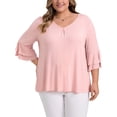 thumbnail image 1 of GRACE & GRANDEUR Blusas Casuales de Talla Grande para Mujeres, de Capa Doble, con Mangas de Volante de 3/4, Cuello en V y Frente Plisado, 2X Rosa, 1 of 7
