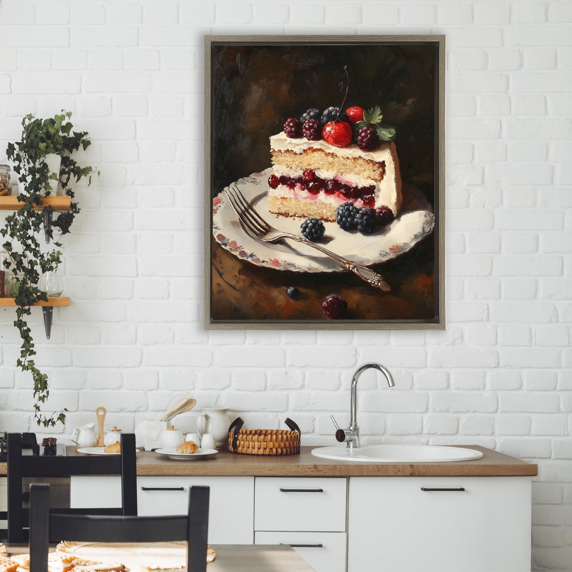 Stupell Industries Berry Topped Cake Slice Brown Framed Floater Canvas Wall Art, design by Franklyn Gregory
