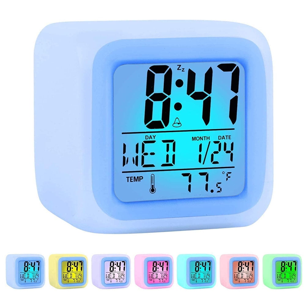 7Colors Light Clock LED Digital Alarm Clock Glowing Cube Backlight Calendar Gift 