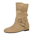 thumbnail image 7 of Womens Boots Fashion Strappy Suede Fold Over Ankle Booties Round Toe HIdden Wedge Low Heel Mid Calf Fall Boots Khaki 8.5, 7 of 7