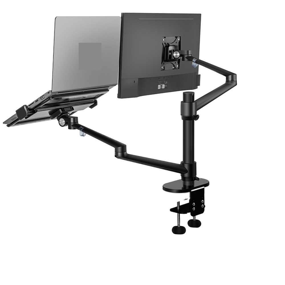 Aluminum Height Adjustable Desktop Dual Arm 17-32 Inch Monitor Holder+12-17 Inch Laptop Holder Stand Full Motion Mount Arm ,Easy Setup