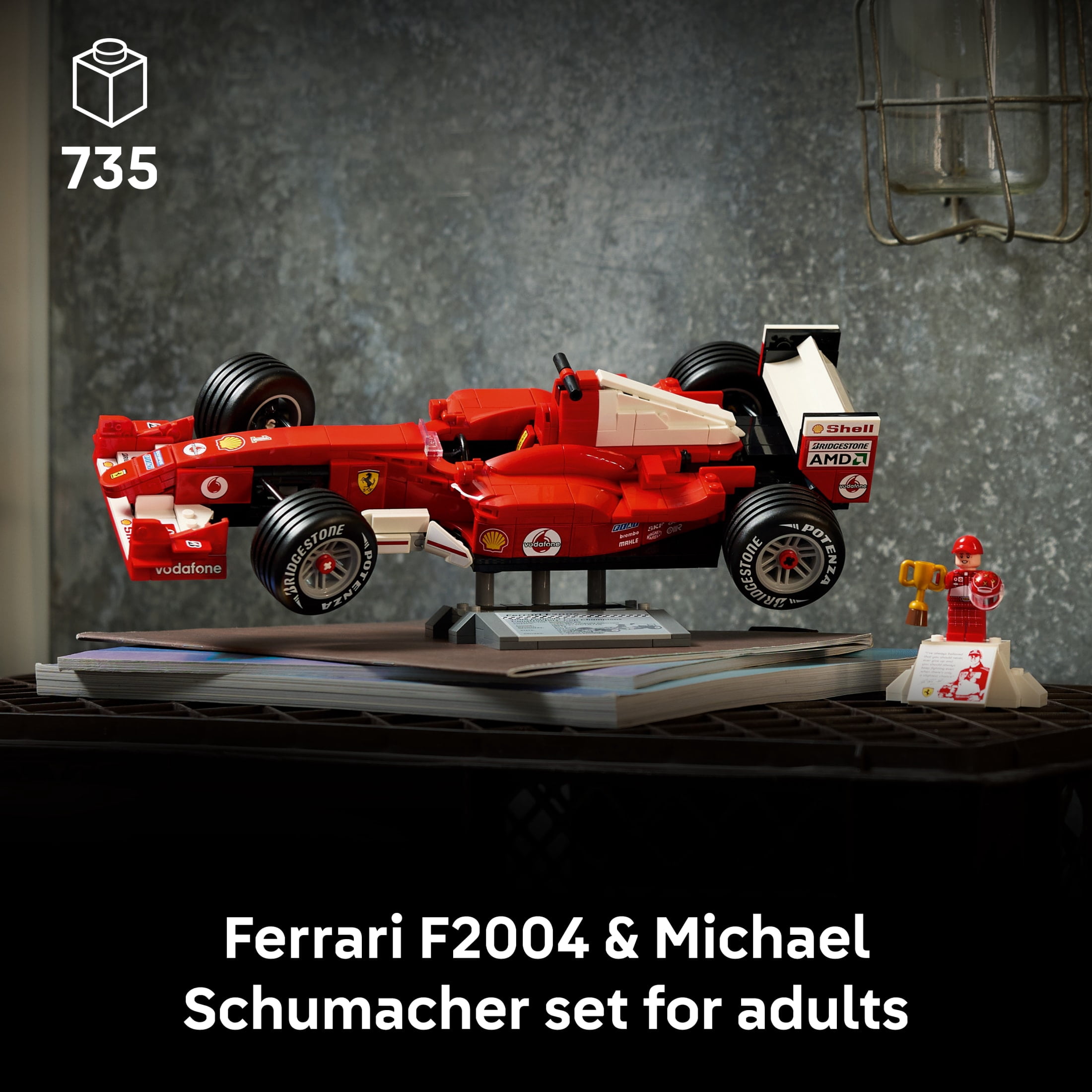 LEGO Icons Ferrari F2004 & Michael Schumacher Building Set for Adults, Ages 18+ - Ferrari F1 Bedroom, Home Office, Desk Decor - Gift Ideas for Men, Women, & Fans - 11375