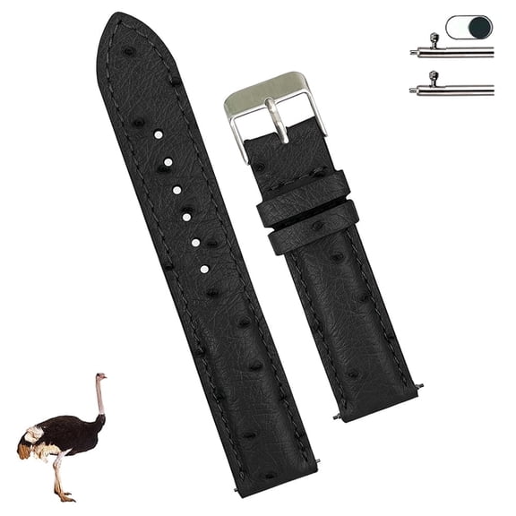 20mm Black Ostrich Watch Band Men Quick Release Replacement Leather Strap Extra Soft Handmade Wristband Stainless Steel Buckle Father's Day Gift for Dad Son Husband