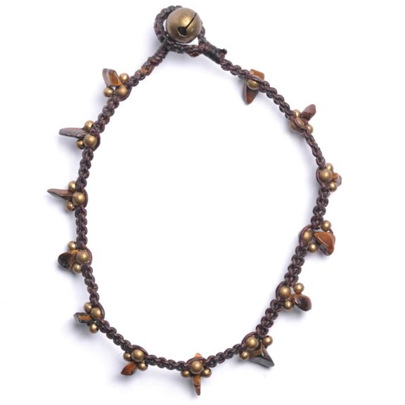 81stgeneration Women's Brass Gold Tone Simulated Tiger Eye Chip Bead Ankle Anklet Bracelet, 27 cm