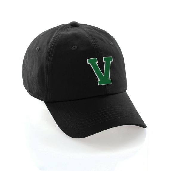 Customized Letter Intial Baseball Hat A to Z Team Colors, Black Cap White Green Letter V