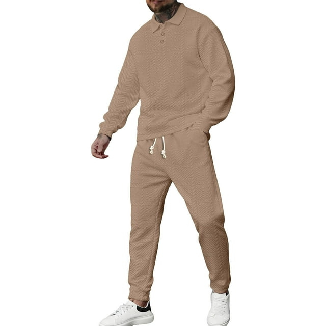 Men's 2 Piece Plaid Jacquard Track Suit - Quarter Button Polo Sweatshirt & Jogger Pants Set,Khaki,Small