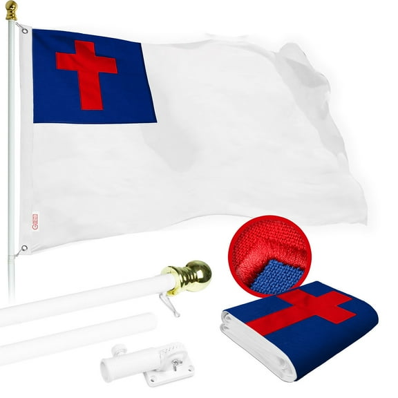 G128 Combo Pack: 6 Ft Tangle Free Spinning Flagpole (White) & Christian Flag 3x5 Ft Embroidered 220GSM Spun Polyester, Brass Grommets (Flag Included) Aluminum Flag Pole