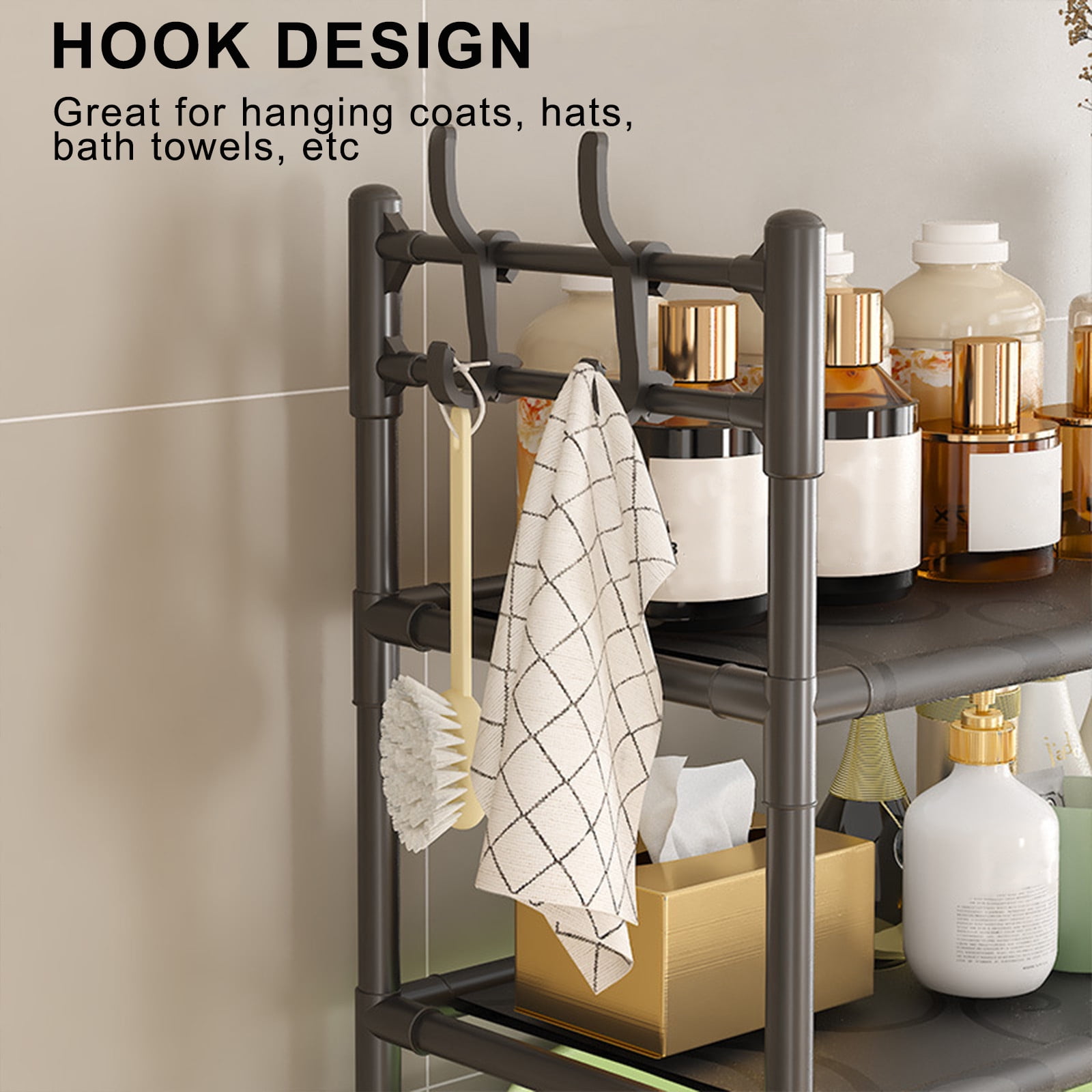 Over Toilet Storage Rack 3-Tier Bathroom Organizer Shelf,Metal Over The Toilet Storage Cabinet with Paper Holder and Hooks,Freestanding Space Saver, 18.5inx9.84inx63in