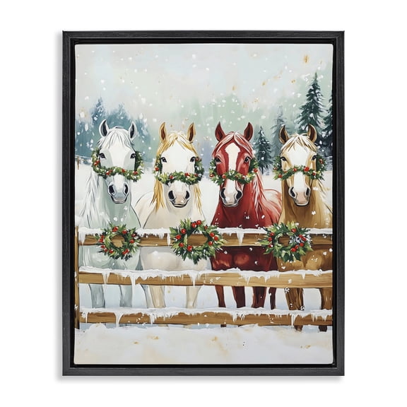 Stupell Industries Farmhouse Christmas Horses with Holly Wreaths Black Floating Frame Canvas Art, 17 x 21, by The Prints Vibe