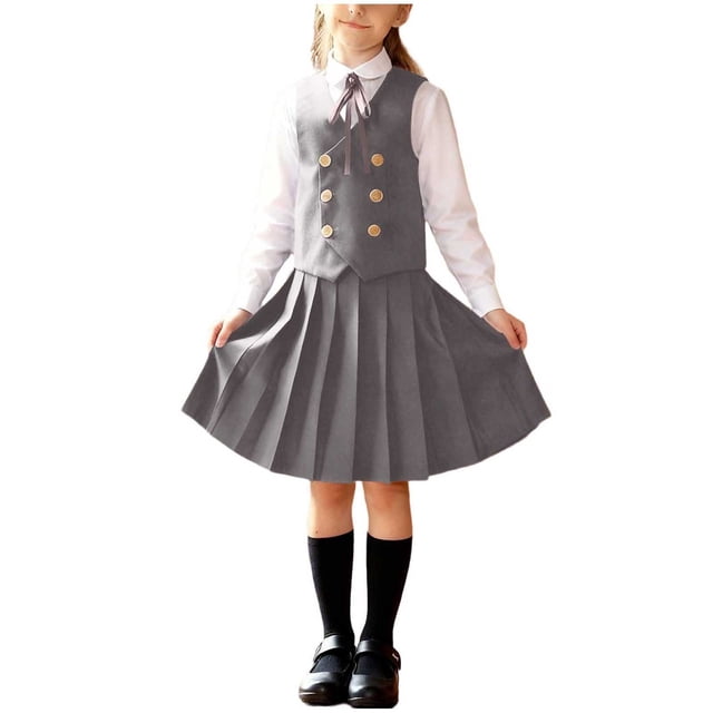 Odeerbi Niñas 4 Piezas Preppy Vestido Chaleco + Camisa de Vestido de Manga Larga + Falda Plisada + Corbata Set Uniforme Escolar