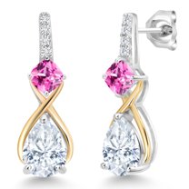 Gem Stone King 925 Sterling Silver and 10K Yellow Gold Pear Shape White Moissanite Pink Created Sapphire and White Lab Grown Diamond Dangle Earrings for Women (3.05 Cttw, Pear Shape 8X6MM)