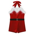 thumbnail image 6 of TiaoBug Kids Girls Dance Leotard Christmas Santa Claus Elf Costume Open Back Velvet Shorts Bodysuit with Belt Red 10, 6 of 7