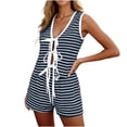 thumbnail image 3 of SOOMLON Concert Outfits for Women V Neck Ribbed Front Tie Sleeveless Shirts Elastic Waist Shorts Striped Matching Set, 3 of 5