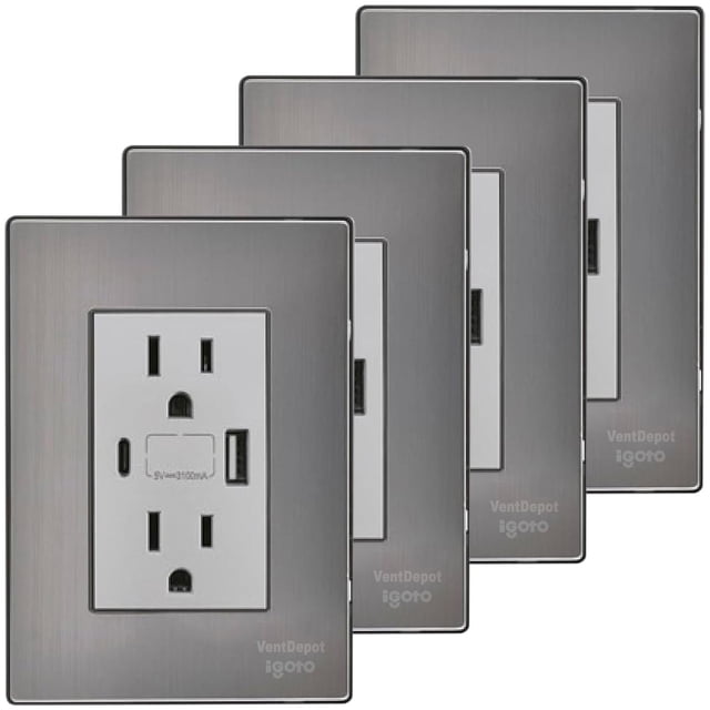 Tomacorriente Doble USB Inoxium1X1U1BSilver 4Pzas USB A/USB C/Contacto Duplex 110/125-250VCA 15A 50/60Hz 5VDC 3A Platead