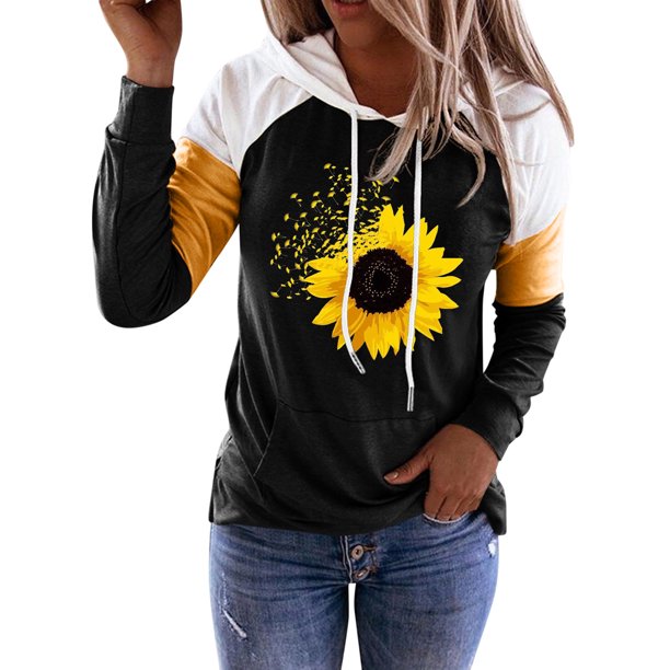 Gibobby Túnica de moda Camisetas de manga larga, sudaderas holgadas con capucha, sudaderas informales con bloques de color, sudaderas con capucha de para mujer con patrón Floral (Negro, M)