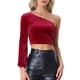 thumbnail image 1 of Tops de terciopelo para mujer Top corto recortado de manga larga con un hombro Vino rojo L, 1 of 5