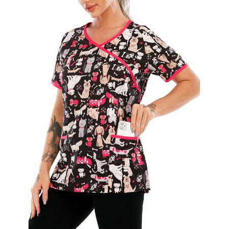 

Ladies V-neck T-shirt Summer Casual Short Sleeve Floral Print Pocket Scrub Blouse Loose Baggy Dailywear Beach Party Tops