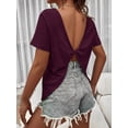 thumbnail image 4 of Burgundy Twist Back Short Sleeve T-Shirt For Women Casual Open Back Top, 4 of 6