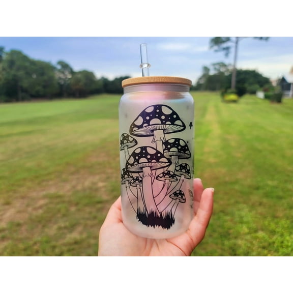 Mushroom Beer Can Glass | Boho Mushroom Coffee Glass | Aesthetic Coffee Glass | 16 oz