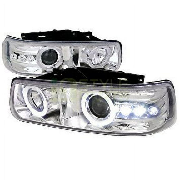 SMD LED Halo Projector Headlight In Chrome Housing Clear Lens Made For And Compatible With 1999 - 2002 Chevrolet Chevy Silverado 00-06 Suburban Tahoe