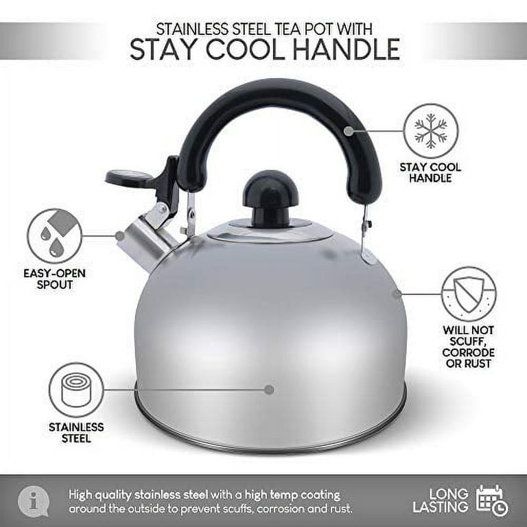 Elitra Whistling Kettle - Stainless Steel Tea Pot with Stay Cool Handle -  2.6 Qt / 2.5 Liter - Satin