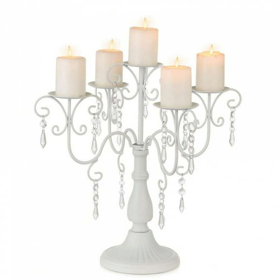 Metal Candelabra Centerpiece - White Pillar Candle Holder, Decorative Table Centerpiece For Wedding Reception