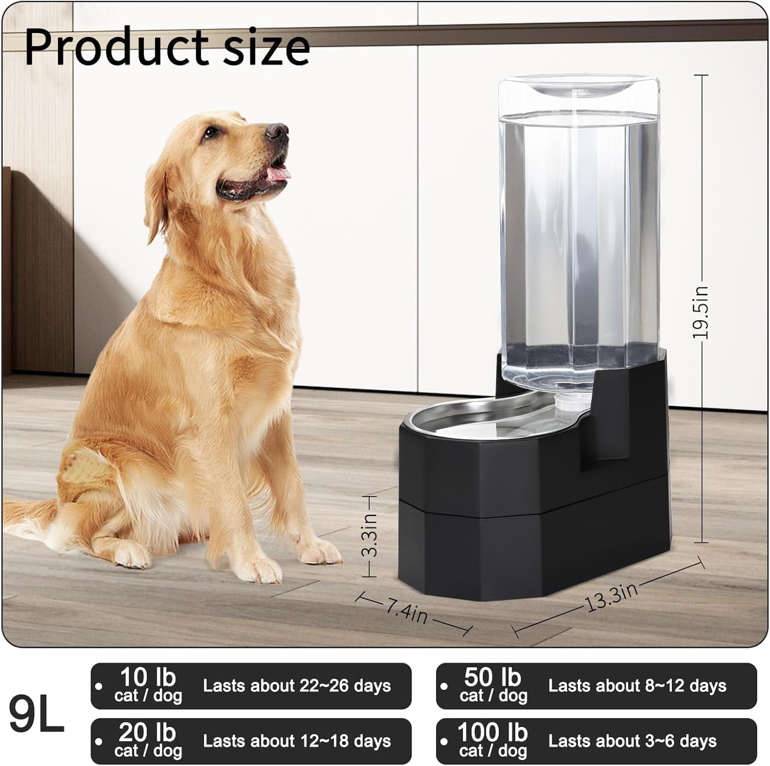 9L Elevated Dog Water Dispenser - Gravity Auto-Refill, Raised Height for Seniors, Leak-Proof, Stainless Steel Bowl, for Large Dogs & Multi-Pet Homes in Kitchen, Living Room or Garage