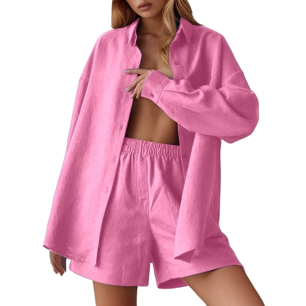 Traje pantalón corto de corte holgado para mujer: conjunto de poliéster para todas las estaciones, apto para complementar con sombrero, lavable a máquina.