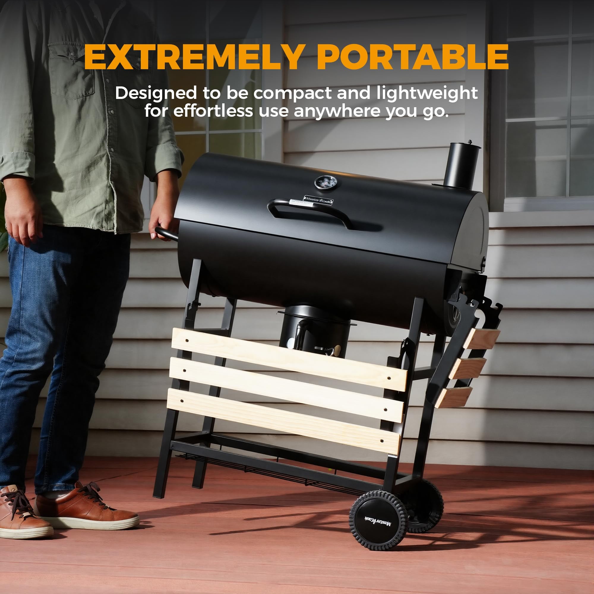 MASTER COOK 30" Barrel Charcoal Grill, Foldable Side Table, Outdoor Smoker Grill with Adjustable Air Vents & Thermometer for Backyard, Picnic
